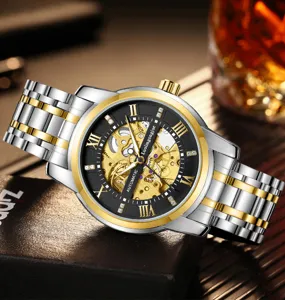 Herren Automatik mechanische Uhr Skelett Zifferblatt Gold Silber Edelstahl Armband