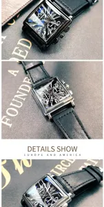 Rectangle men quartz watch with black leather strap big square dial waterproof business gift
