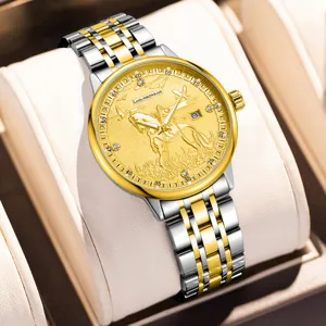 Luxus Herren Automatische Mechanische Uhr Business Edelstahl Armband Wasserdicht Leuchtend Pferd Relief Zifferblatt Uhr