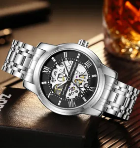 Herren Automatik Mechanikuhr mit hohlem Zifferblatt und Edelstahlarmband für Herren.