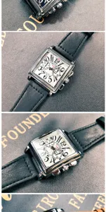 Men square quartz watch with black leather strap and silver case fashion wristwatch.