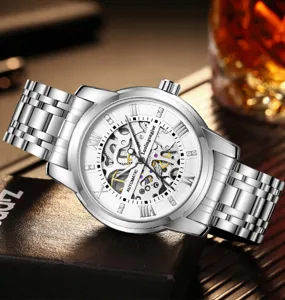 Herren mechanische Uhr silber Edelstahl doppelt skelettiert Automatik Armbanduhr
