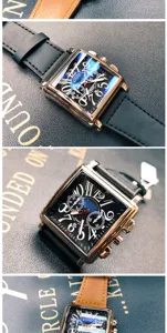 Men's square quartz watch with black leather strap, vintage dial design, stylish detail showcase.