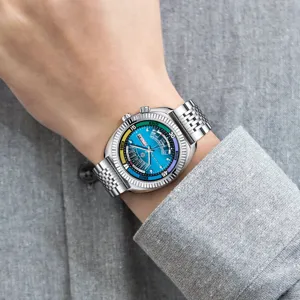 Men's stainless steel quartz watch with large blue dial, double calendar and metal jubilee bracelet.