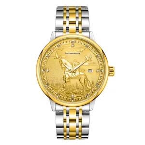 Herren Automatikmechanikuhr mit goldenem Zifferblatt, Pferderelief und bicolorem Edelstahlarband.