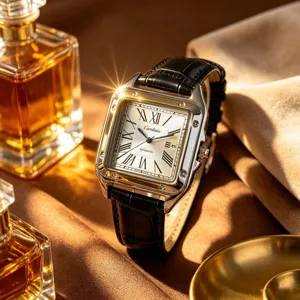 Quadratische Quarzuhr mit schwarzem Lederarmband und römischen Ziffern Hauptansicht