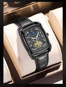 Men's Tonneau Mechanical Watch Skeleton Dial Black Leather Strap Luxury Automatic Watch
