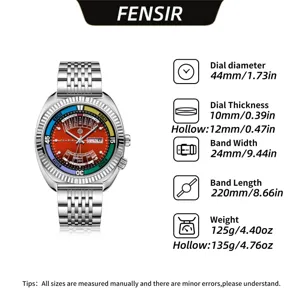 Men's stylish quartz watch with 44mm dial, metal strap, and detailed specifications.