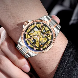 Herren Skelett Automatikuhr Luxus Edelstahl Roségold mechanische Armbanduhr für Herren.