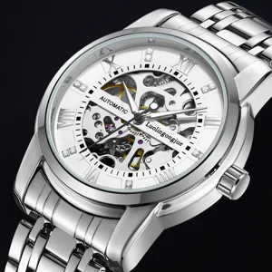 Herren silber mechanische Uhr Skelett Zifferblatt Automatik wasserdicht Edelstahl Armbanduhr
