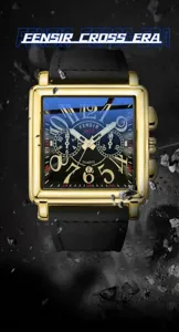 Luxury square quartz watch with gold case and black leather strap for men detail feature showcase