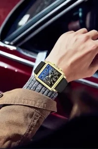 Men's square quartz watch luxury gold case black leather strap fashion business gift watch