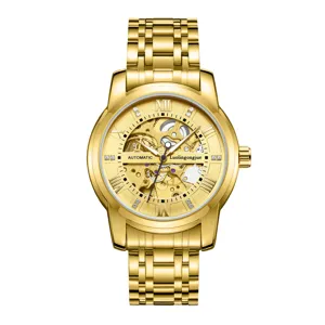 Herren Luxus Gold Mechanische Uhr Automatisch Skelett Edelstahl Armband Wasserdicht