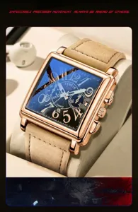 Square quartz watch for men featuring rose gold case and brown leather strap, stylish fashion gift.