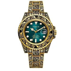 Men's Quartz Watch Stainless Steel Carved Rotating Bezel Waterproof Business Wristwatch Gradient Dial Luxury Fashion Watch