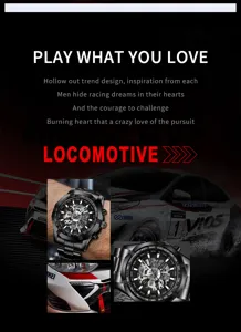 Men black skeleton mechanical watch with racing style, hollow design and metal strap.