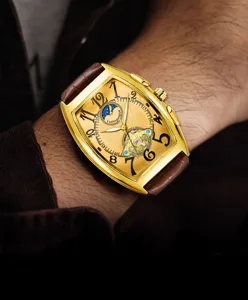 Automatic mechanical men watch tonneau gold case tourbillon moon phase leather strap