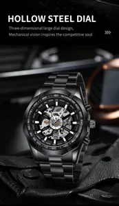 Men mechanical watch hollow steel dial automatic waterproof sports luminous wristwatch