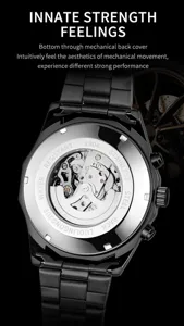 Transparent mechanical watch case back detail, showcasing movement aesthetics and metal texture.
