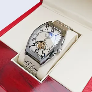 Men automatic mechanical tonneau watch with skeleton tourbillon and moon phase dial detail.