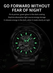 Black mechanical watch for men, skeleton sport automatic timepiece with luminous glowing hands.