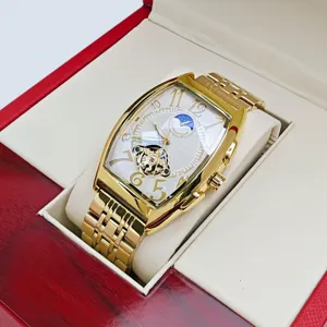 Men's gold tonneau automatic mechanical watch with tourbillon and moon phase dial.