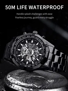Detailed view of black skeleton mechanical watch with tachymeter bezel and steel bracelet.