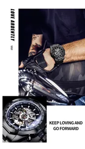 Black skeleton mechanical watch for men, stylish sports automatic wristwatch with cool style.