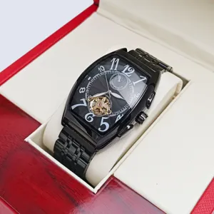 Men's tonneau mechanical watch, black automatic skeleton tourbillon watch with moon phase.