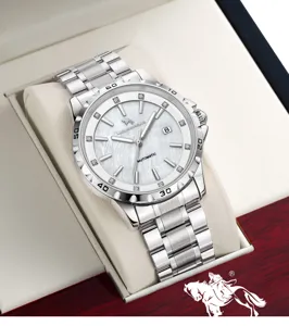 Luxury men's silver mechanical watch detail, mother of pearl dial and rhinestone markers in box.