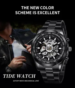 Men automatic mechanical watch black skeleton dial stainless steel luxury sport wristwatch