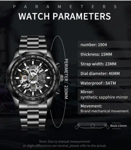Men automatic mechanical watch black skeleton waterproof luminous sports luxury wristwatch