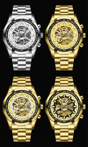 Men's mechanical skeleton watch with automatic movement, steel bracelet and tachymeter bezel.