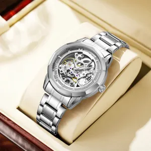 Herren Automatische Mechanische Uhr Edelstahl Hohles Skelett Zifferblatt Wasserdichte Business Casual Armbanduhr