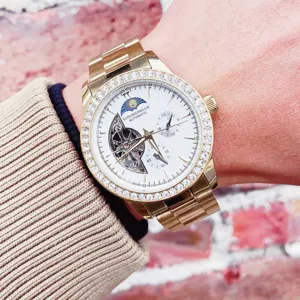 Herren Automatische Mechanische Uhr Luxus Edelstahl Gold Uhr Mit Strass Hohlem Multifunktionalen Zifferblatt