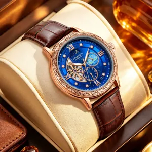 Herren Automatische Mechanische Uhr Edelstahl Hohl Geschnitzt Sonne Mond Zifferblatt Lederarmband Wasserdicht Business Armbanduhr