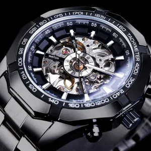 Black skeleton automatic mechanical watch for men luxury sport waterproof wristwatch