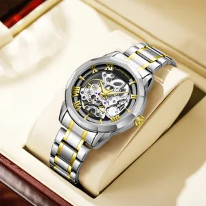 Herren Automatikuhr, luxuriöses Skelett-Zifferblatt mit römischen Ziffern und Bicolor Armband.