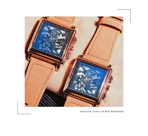 Stylish square quartz watch for men with leather strap and large dial business design.