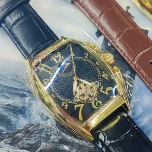 Men Automatic Mechanical Tonneau Watch Tourbillon Moon Phase Stylish Leather Strap