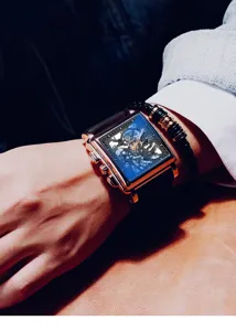 Men's square dial quartz watch with rose gold case and leather strap for business casual.