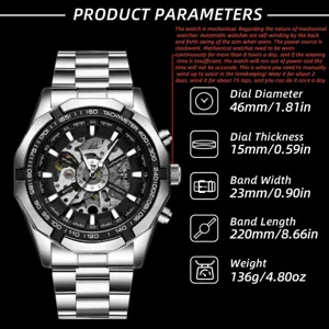 Silver mechanical watch for men with skeleton dial and stainless steel strap, 46mm case.