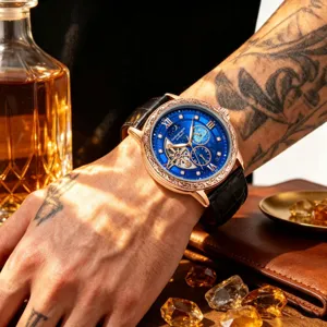 Herren Automatikuhr Roségold Gehäuse blaues Sternen Zifferblatt Lederarmband Luxus Armbanduhr