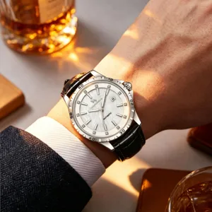 Men's automatic mechanical watch with mother-of-pearl dial and genuine leather strap.