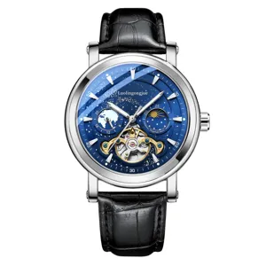 Luxury Men's Automatic Mechanical Watch Tourbillon Starry Dial Black Leather Strap