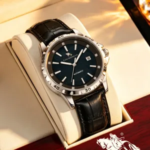Men's luxury business automatic watch with dark dial, diamond markers and black leather strap.