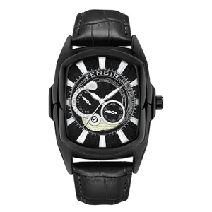 Men fashion tonneau quartz watch with black leather strap and multi-dial design for daily wear