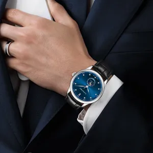 Men Automatic Mechanical Watch Business Stainless Steel Alloy Leather Strap Moon Phase Waterproof Wristwatch