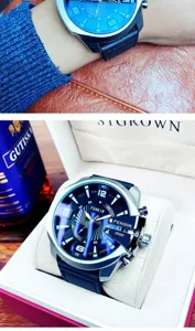 Oversized dial mens quartz watch with stylish blue face and black leather strap for business.