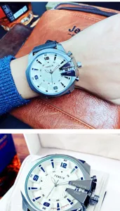 Oversized dial men's quartz watch with unique crown guard, stylish business wristwatch.